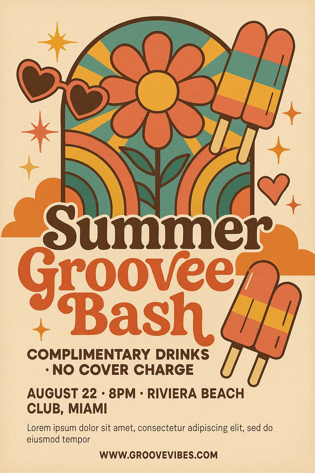 Playful Retro Poster template with 70s summer party theme