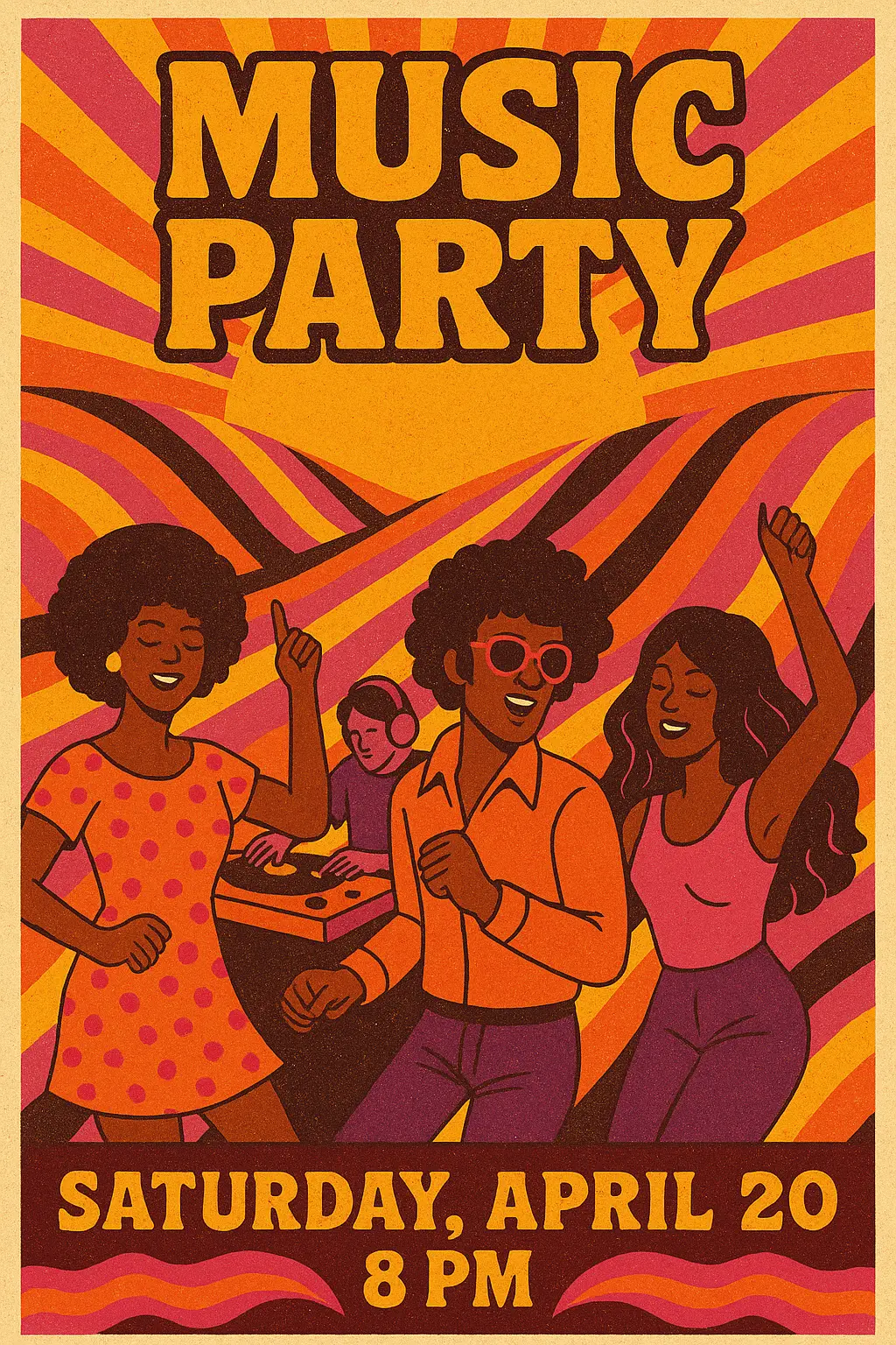 Retro Poster template with vibrant party design and psychedelic elements