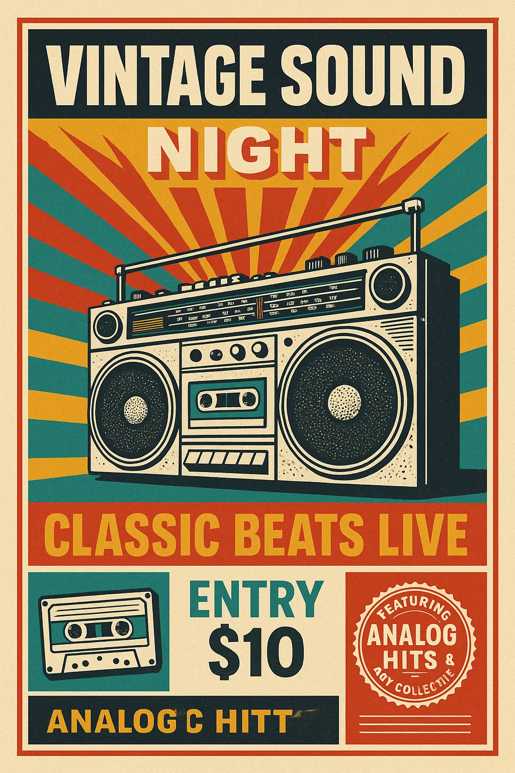 Retro Poster template with bold boombox and sunburst design