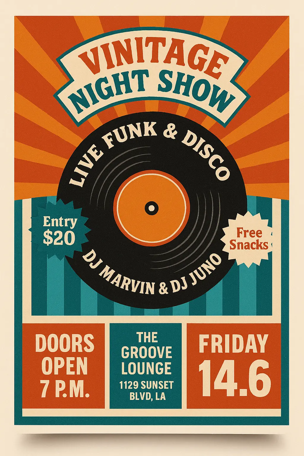 Retro Poster template with vinyl record and sunburst design