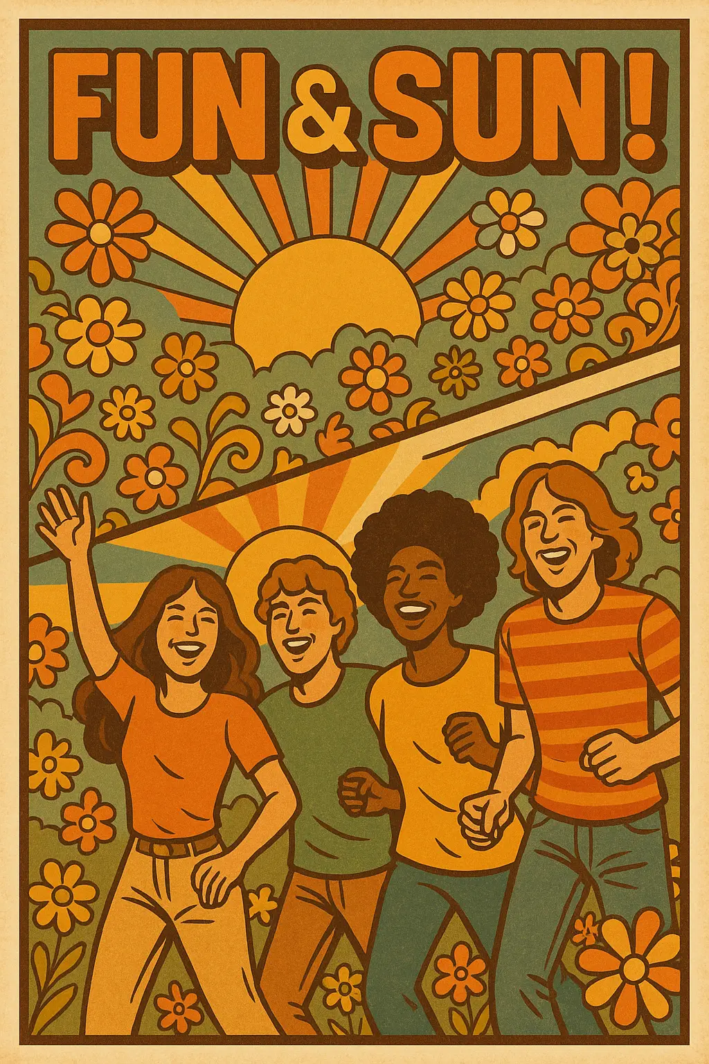 Retro Poster template with 70s floral design and energetic mood