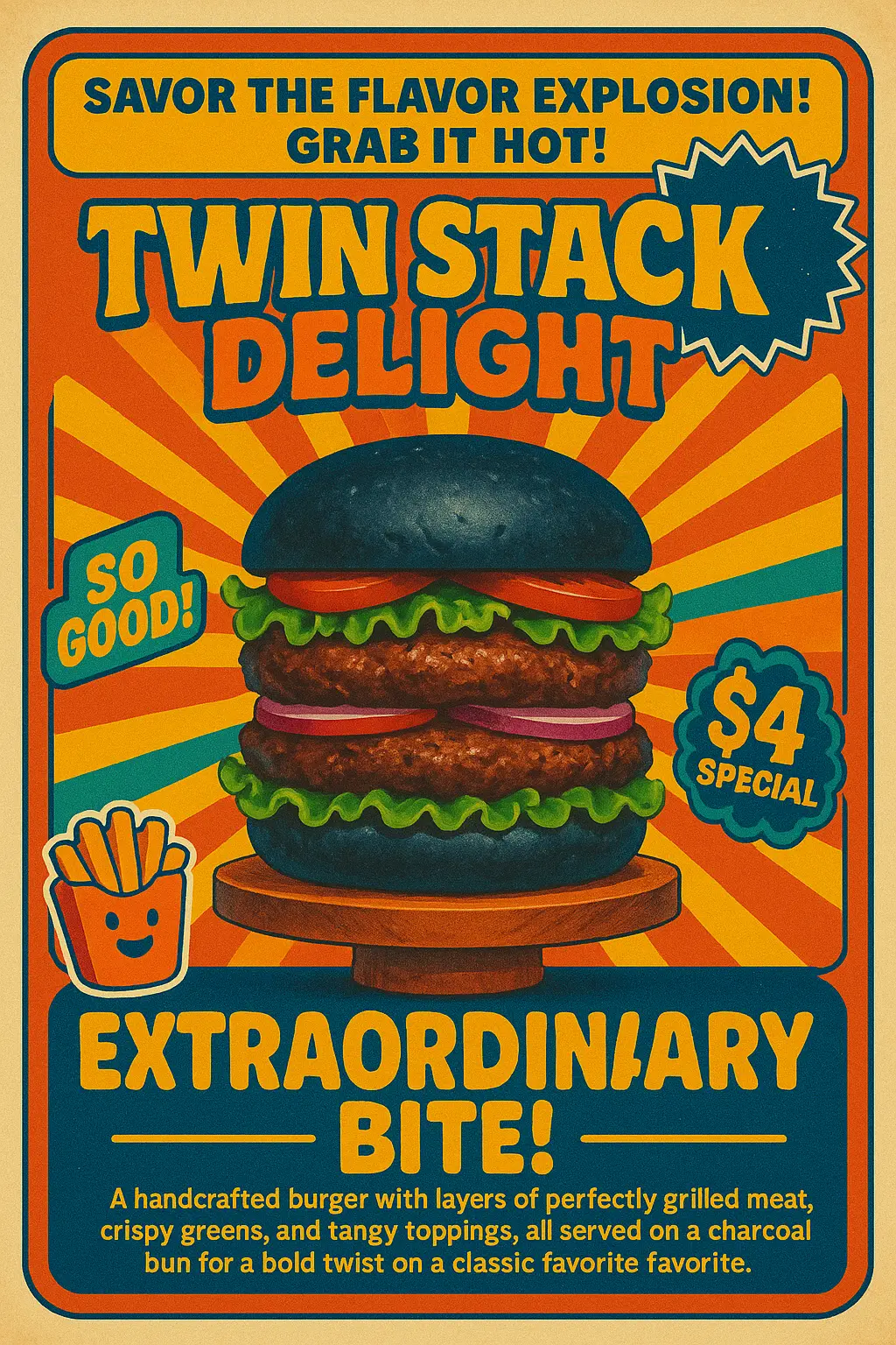 Retro Poster template with black burger and bold sunburst design