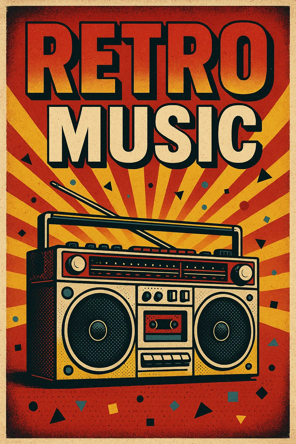 Retro Poster template featuring a boombox with dynamic sunbursts