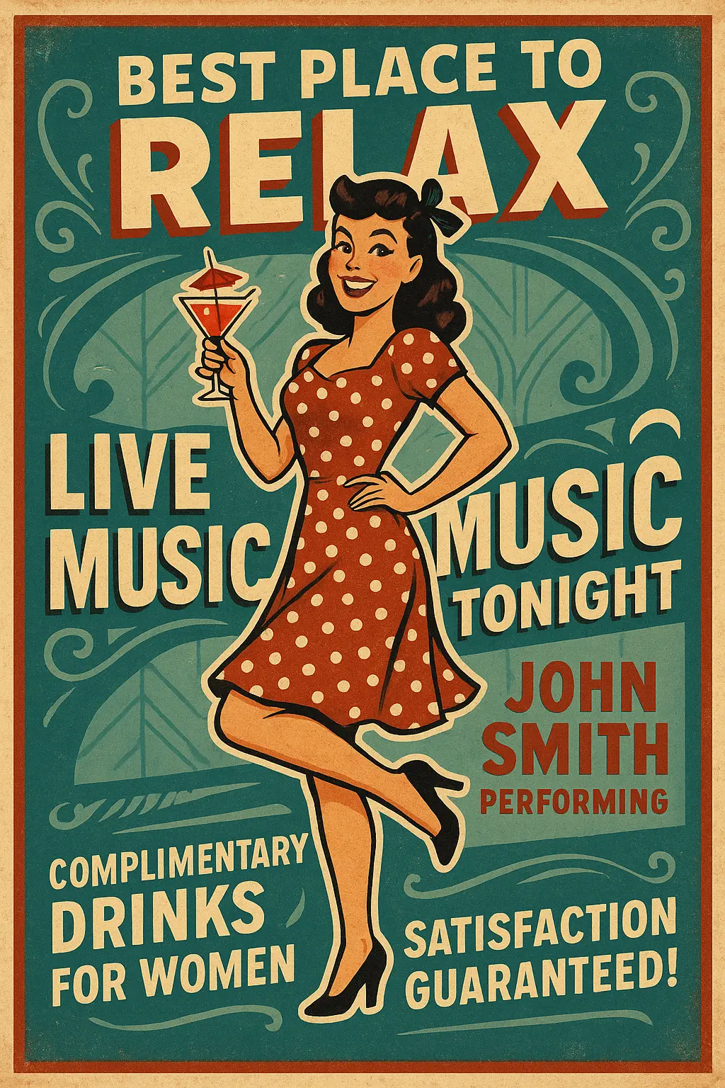 Retro Poster template featuring woman with cocktail in 1950s style.