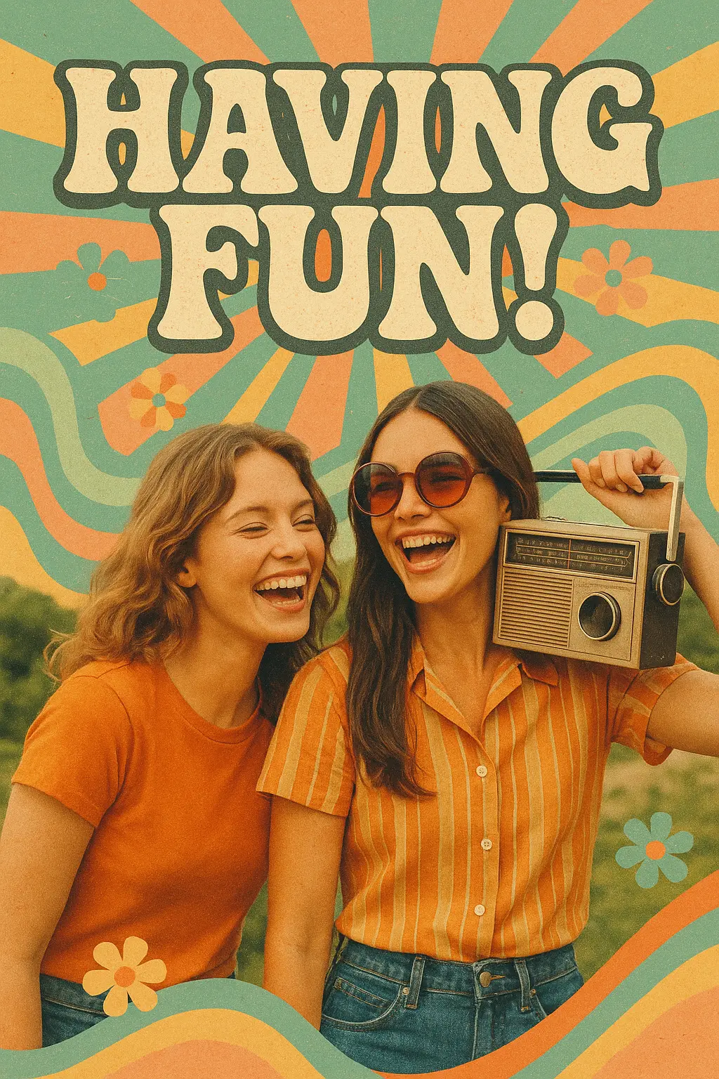 Retro Poster template with two women having fun outdoors, vintage style.