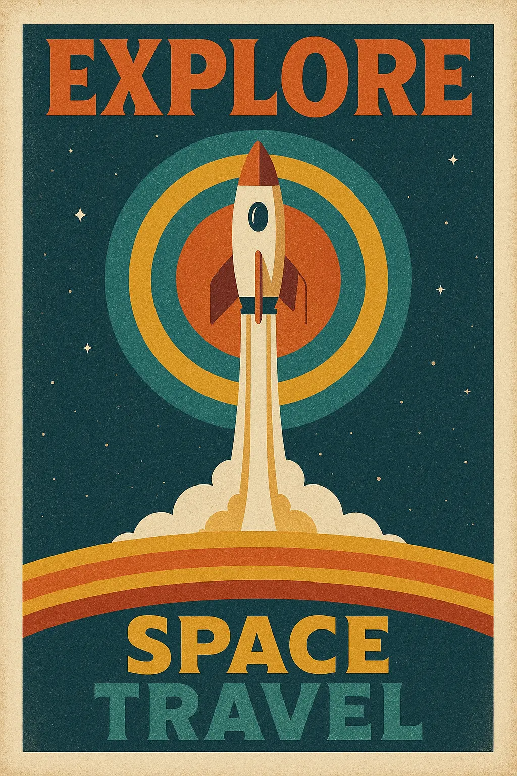 Retro Poster template with 70s rocket launch design