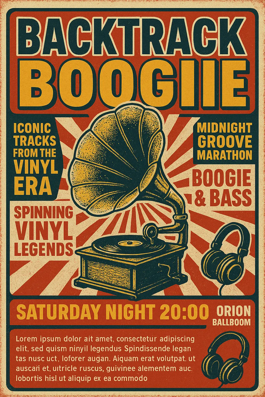 Retro Poster template with gramophone and sunburst background
