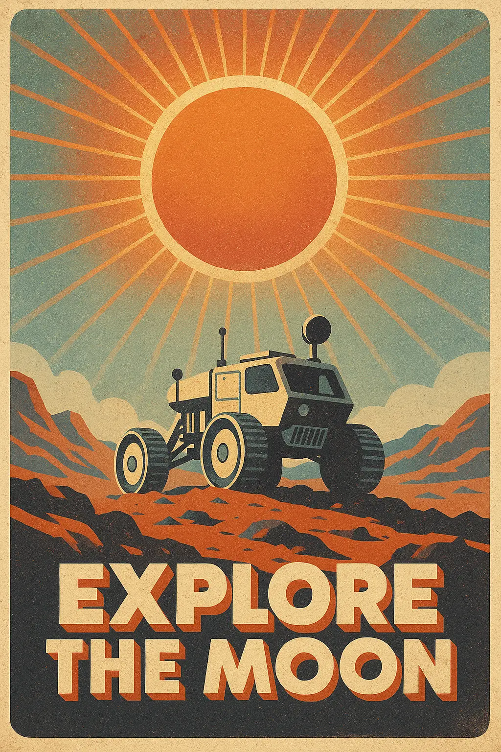 Retro Poster template with sci-fi lunar rover and vintage sunburst