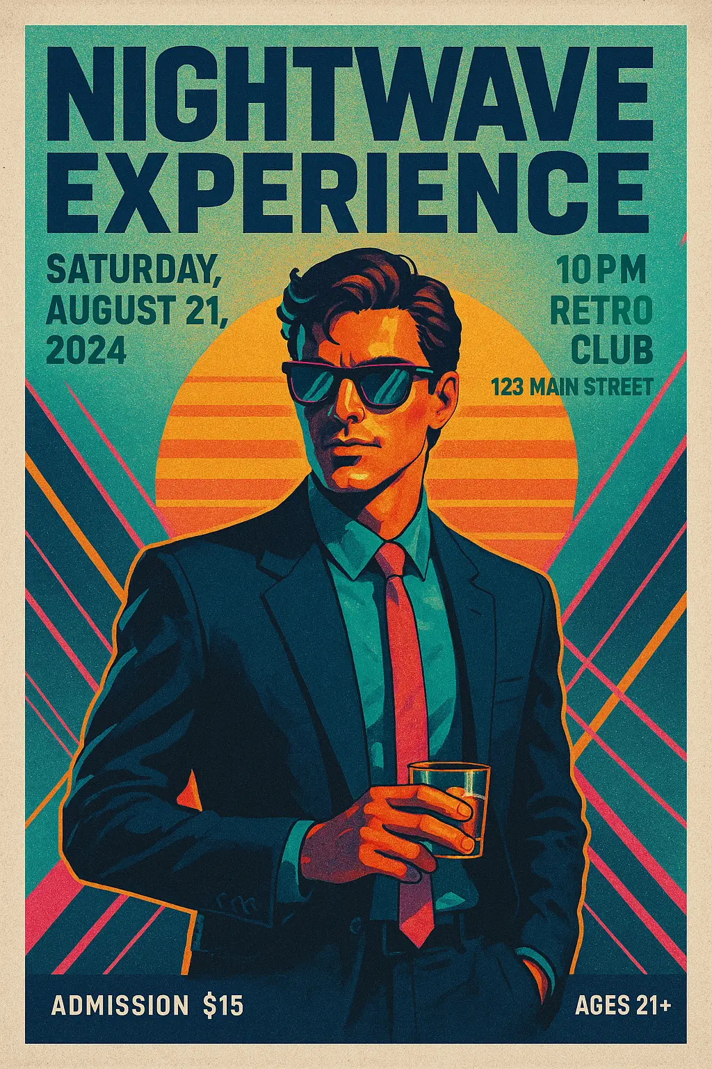 Retro Poster template with 80s style event featuring a man in a suit, vibrant sunburst, and neon typography