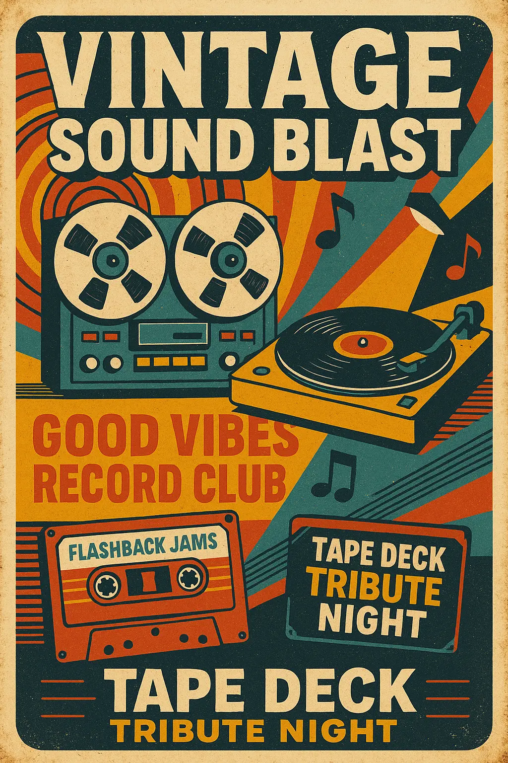 Retro Poster template with vintage music players and bold colors