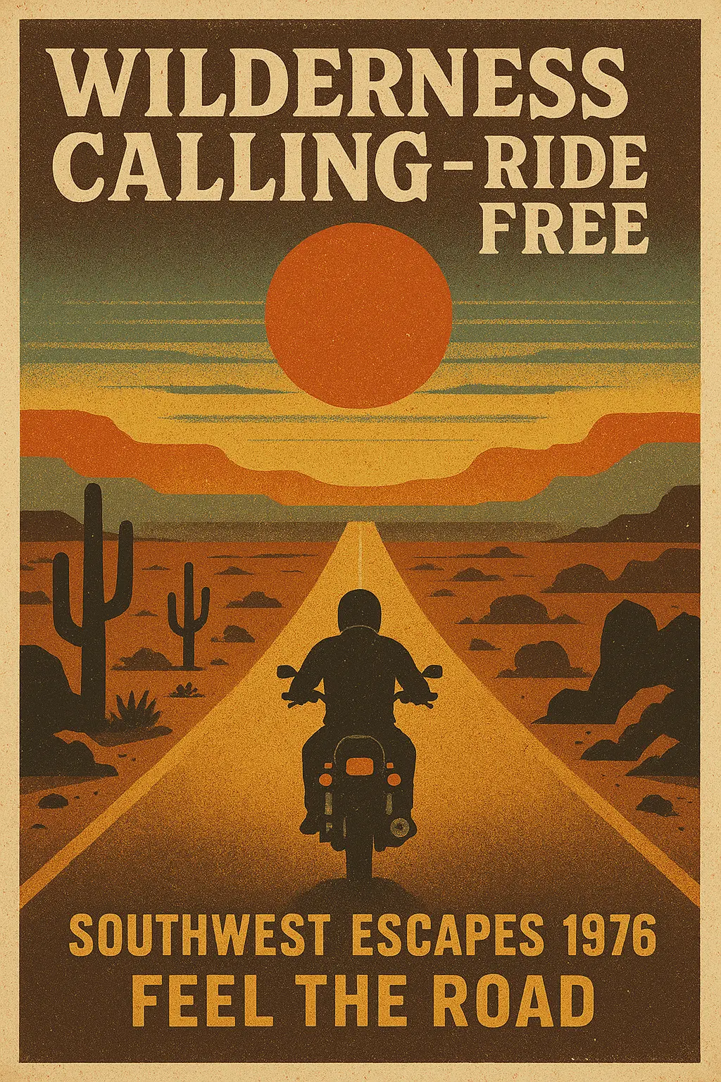 Retro Poster template with 70s biker desert road trip