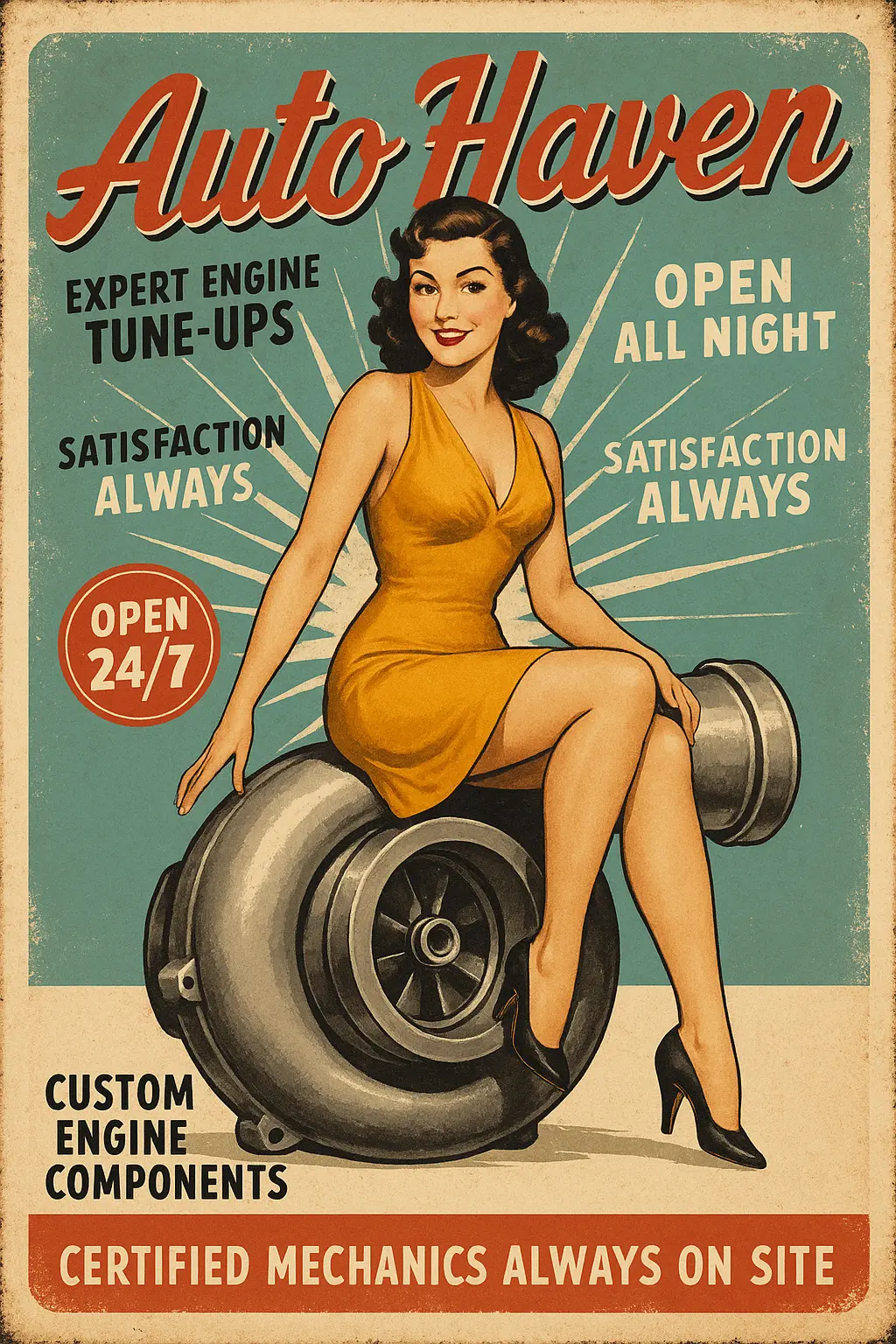 Retro Poster template of vintage car service with pin-up model
