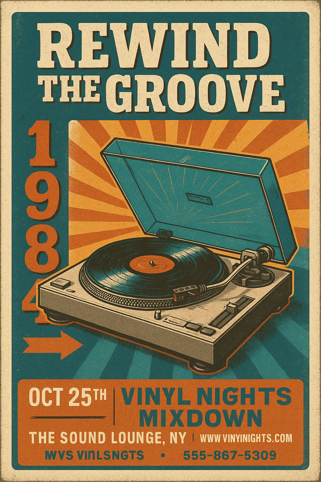 Retro Poster template with vintage turntable and bold 80s design