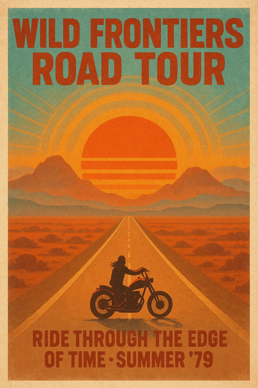 Retro Poster template of a 70s motorcycle road trip scene