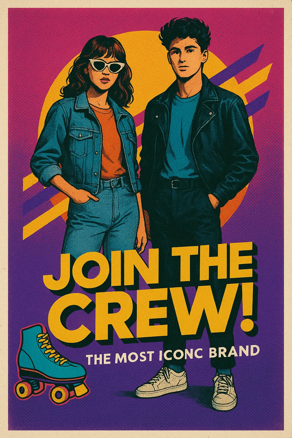 Retro Poster template with vibrant 80s style, featuring a man and woman.
