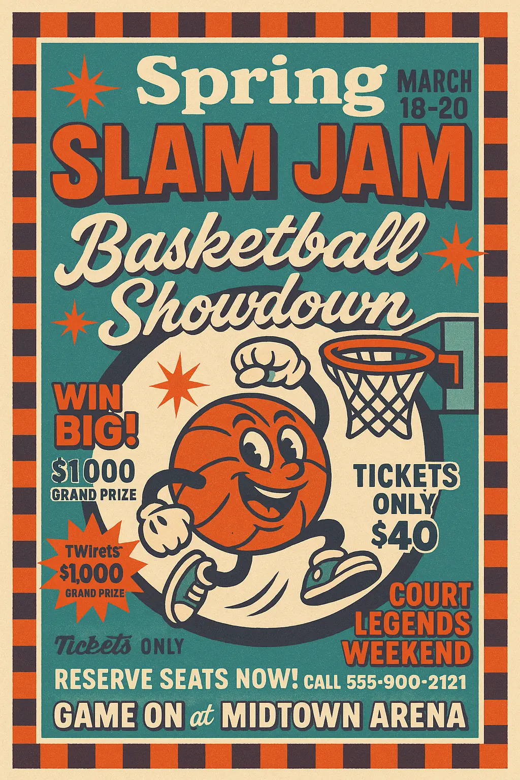 Retro Poster template with cartoon basketball character and bold vintage layout