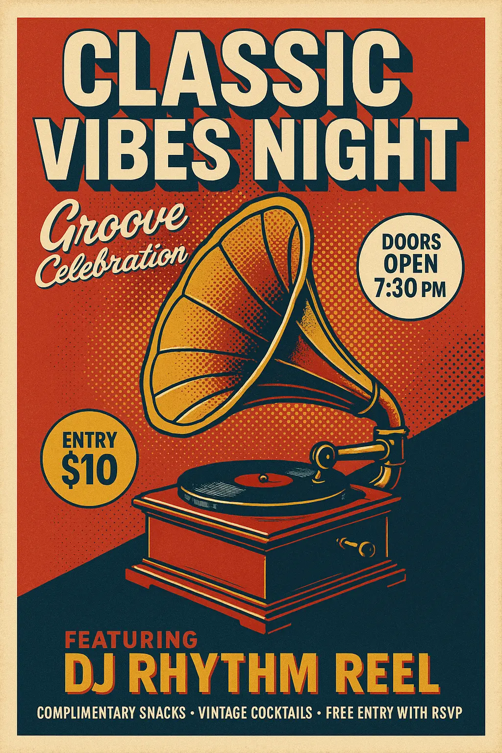 Retro Poster template with gramophone and bold vintage text