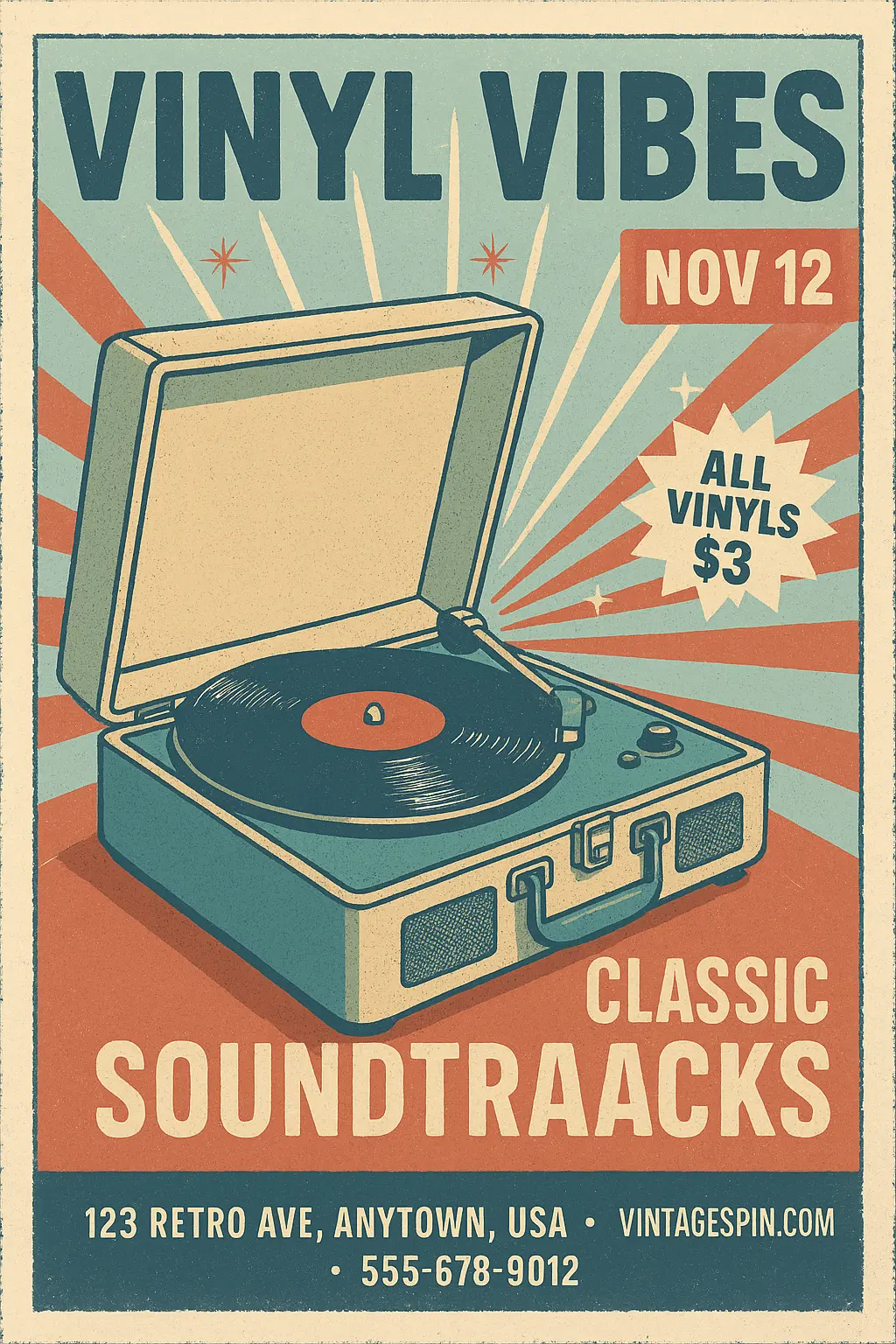 Retro Poster template featuring vintage turntable and sunburst design