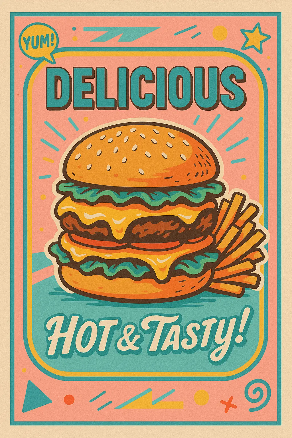 Retro Poster template showcasing a double-patty burger with fries