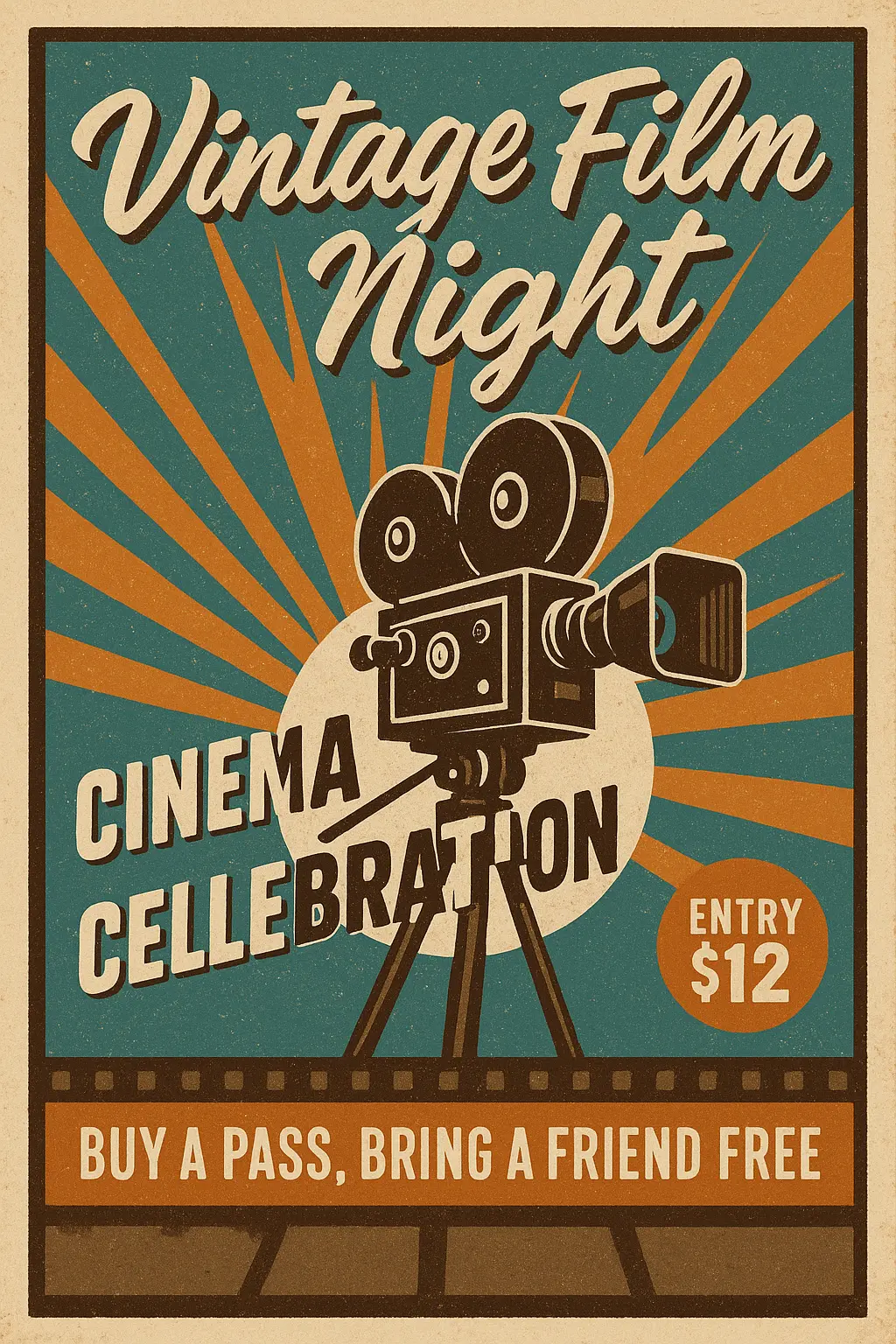 Retro Poster template with vintage film camera and bold sunburst