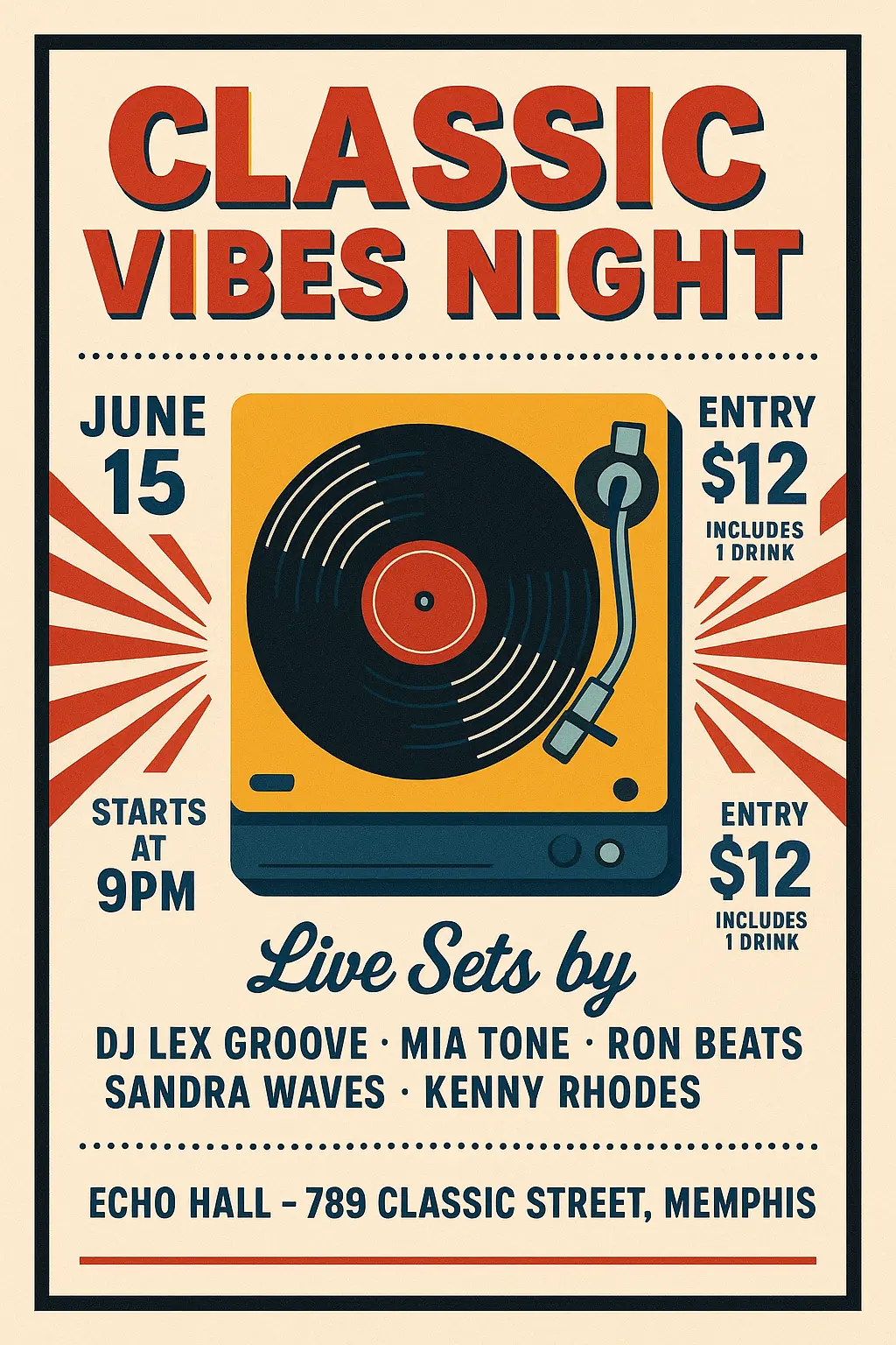 Retro Poster template with vintage record player and bold text