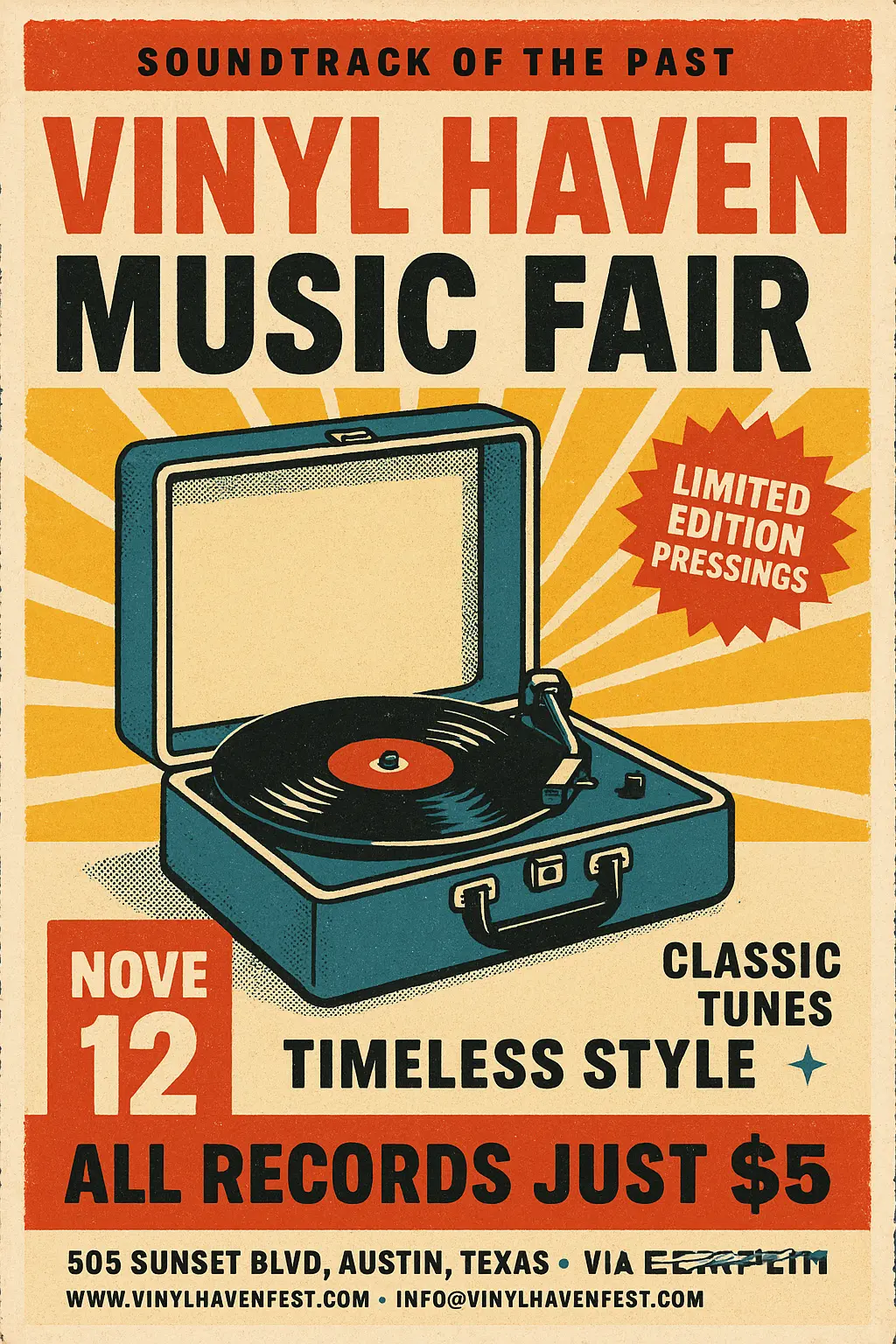 Retro Poster template with vintage record player and bold red accents