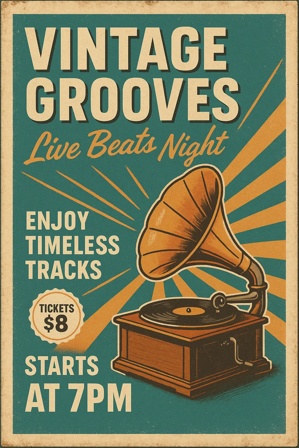 Retro Poster template with vintage gramophone and sunburst design