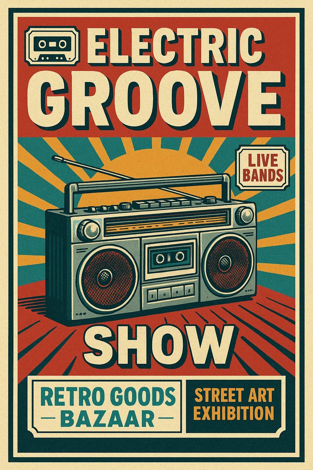 Retro Poster template with boombox and sunburst design