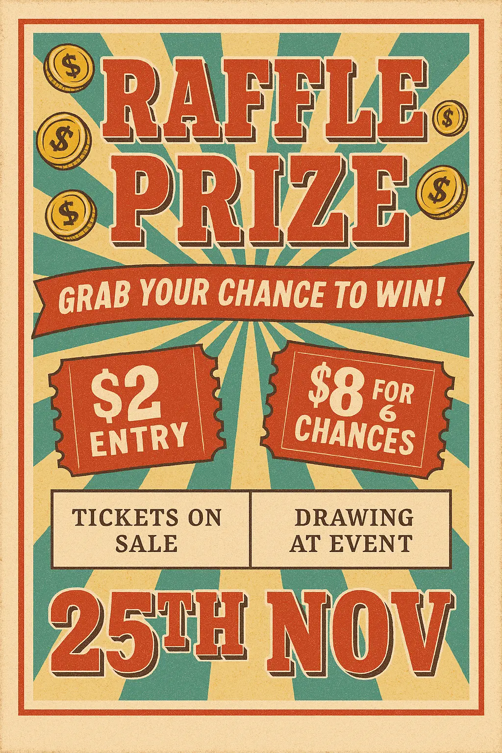 Retro Poster template with raffle promo and vintage ticket graphics