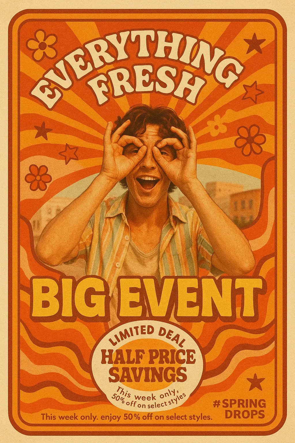 Retro Poster template with sunburst rays and bold sale text