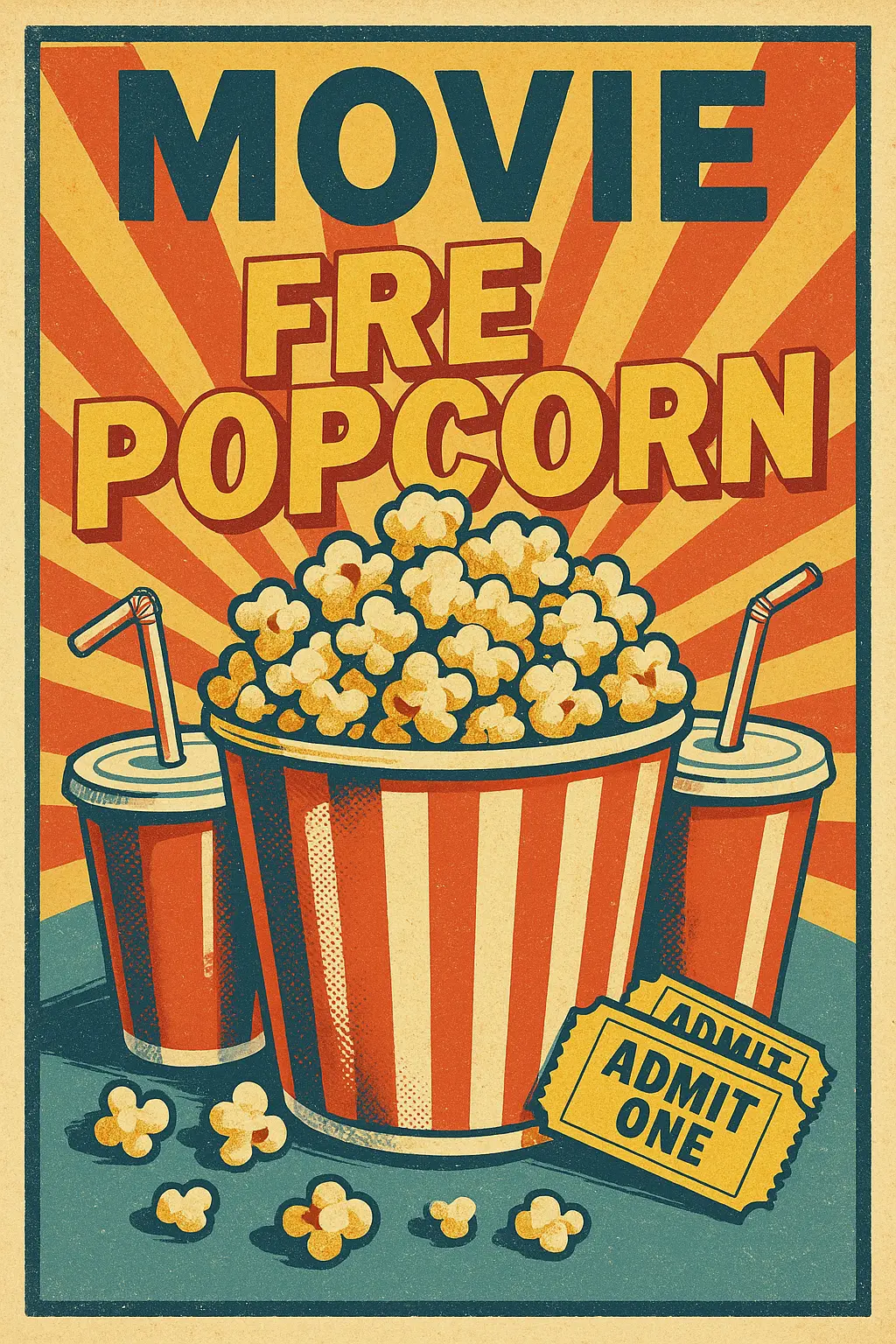 Retro Poster template with popcorn bucket, movie cups, and tickets