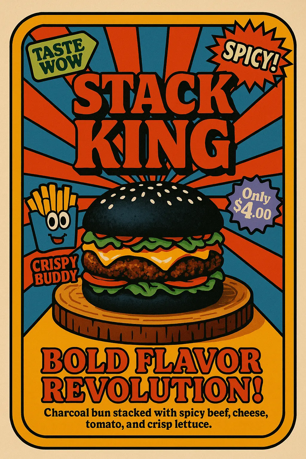 Retro Poster template with bold burger and sunburst design