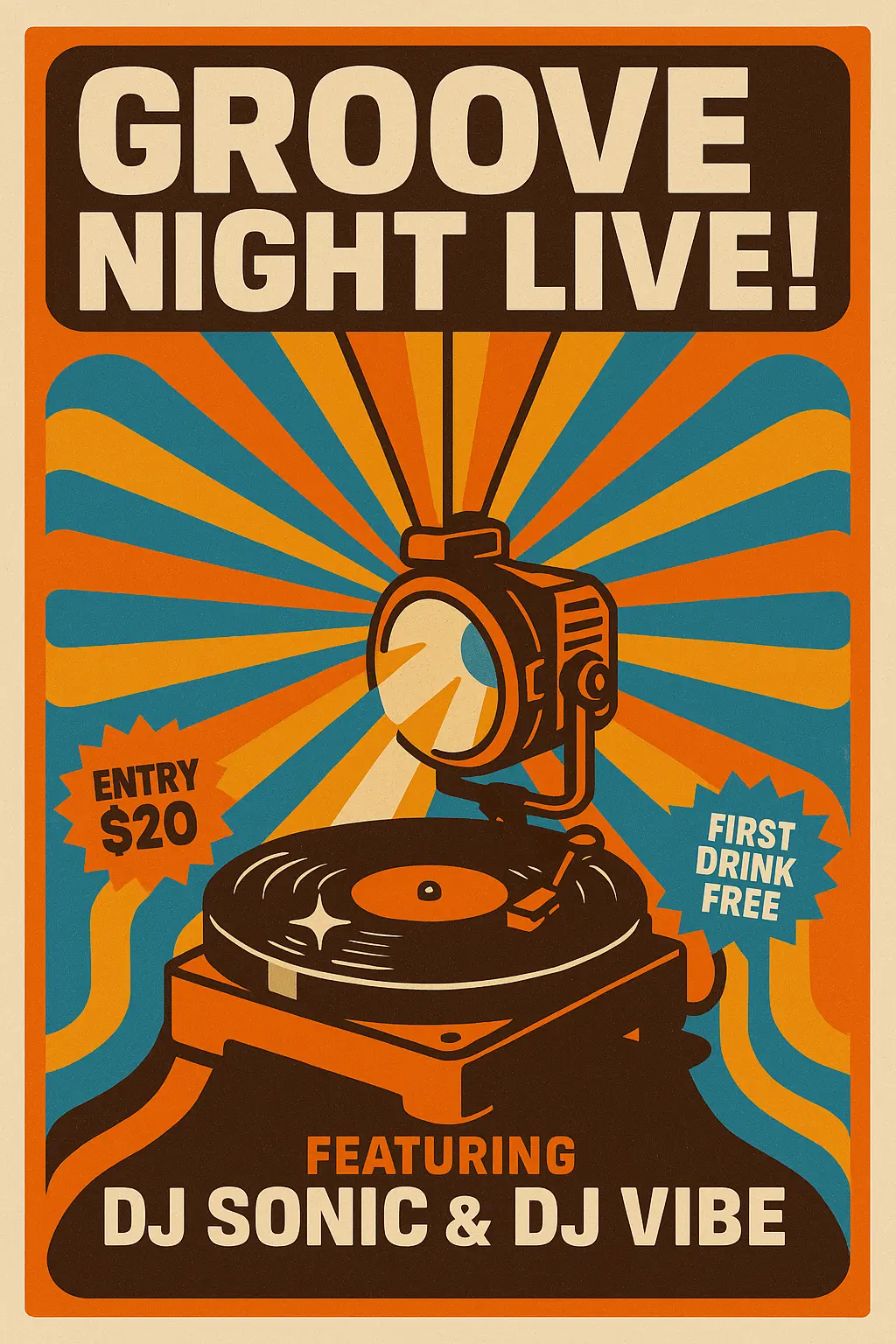 Retro Poster template featuring a vinyl record and sunburst design