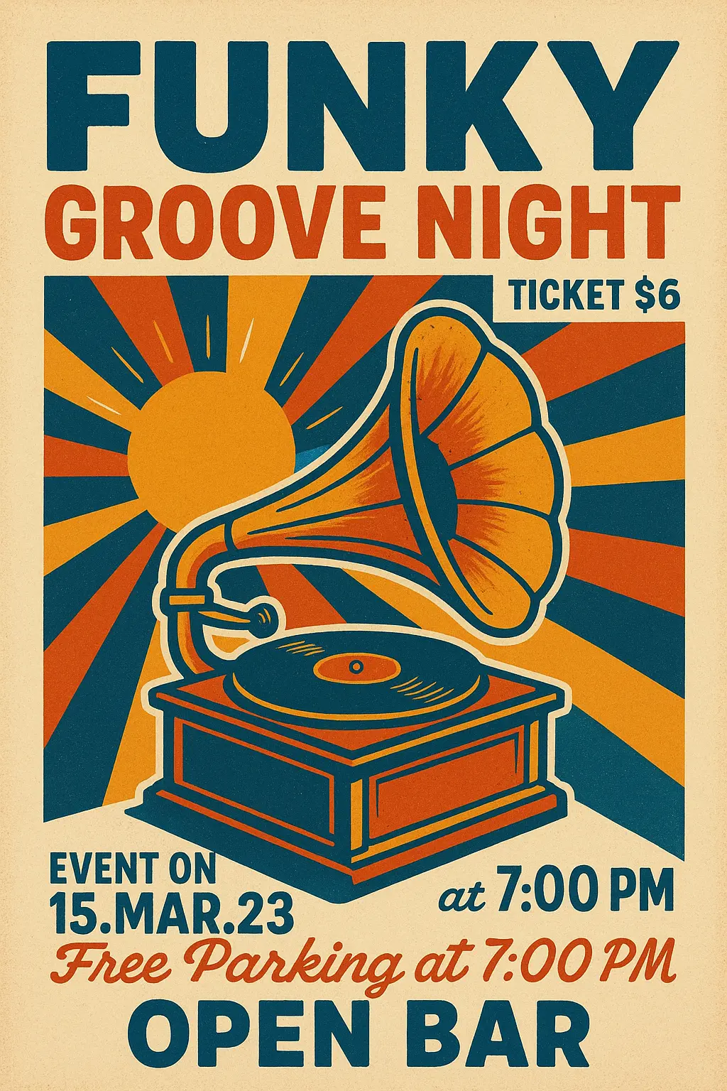 Retro Poster template featuring a vintage record player and bold event details