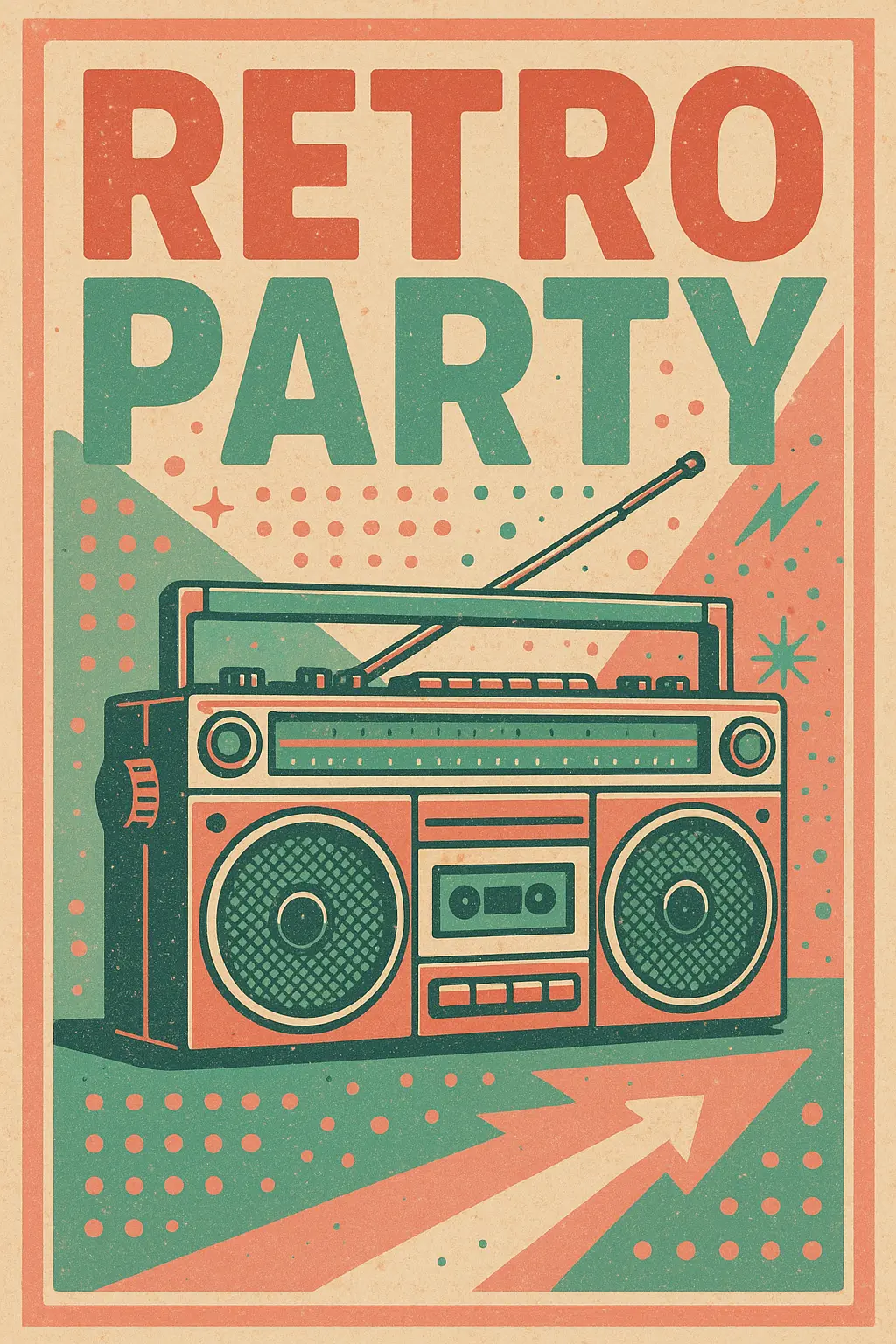Retro Poster template with vintage boombox and playful design.