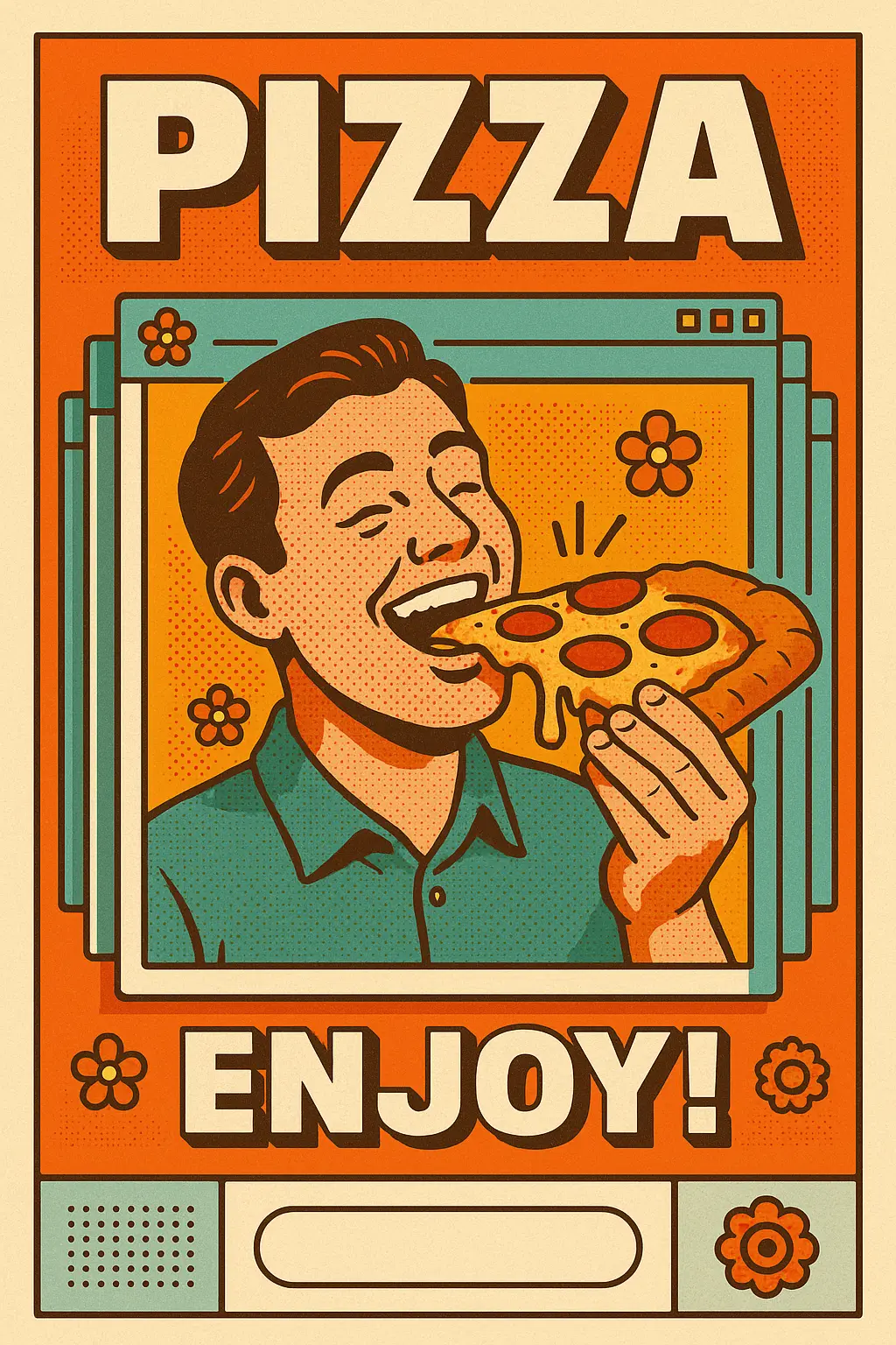 Retro Poster template with man eating pizza in stacked UI layout