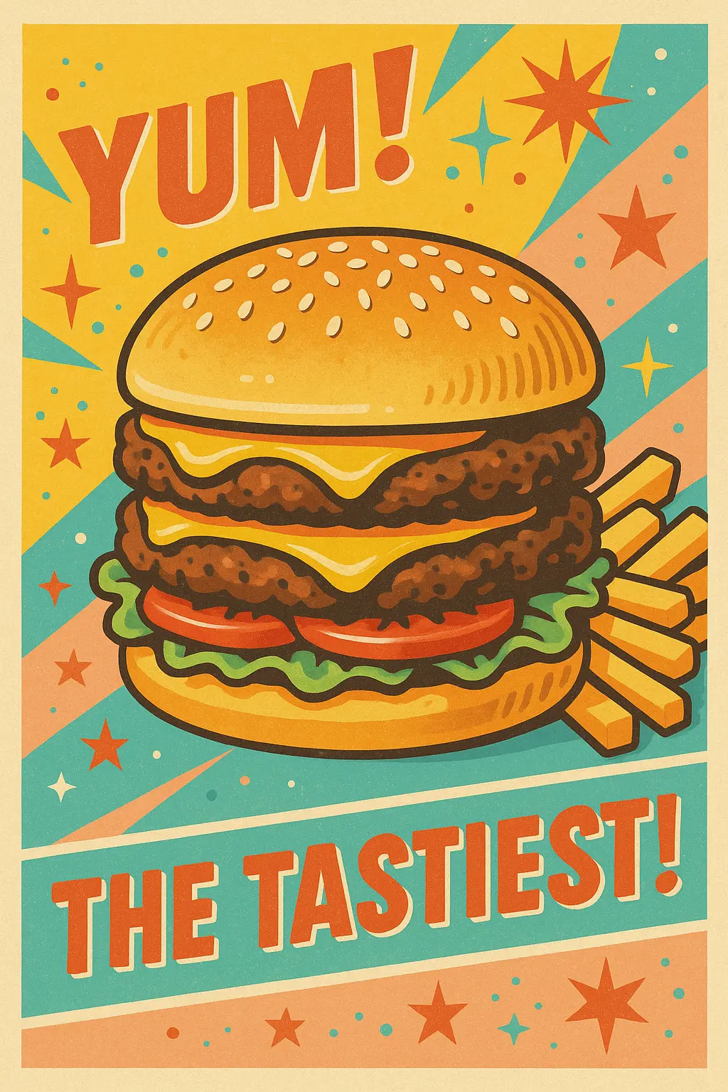 Retro Poster template featuring a delicious double patty hamburger with fries