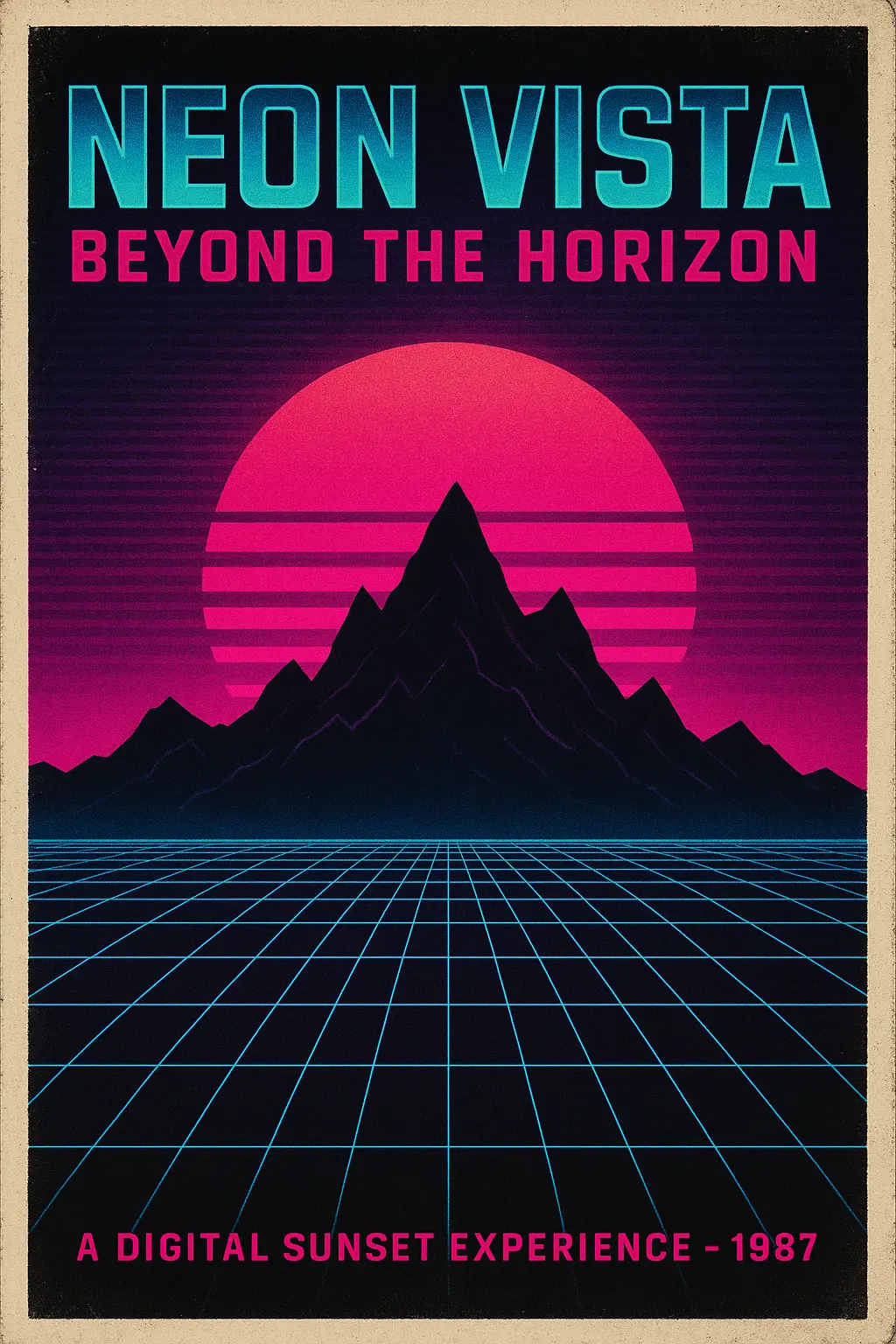 Retro Poster template with neon mountain sunset and synthwave glow