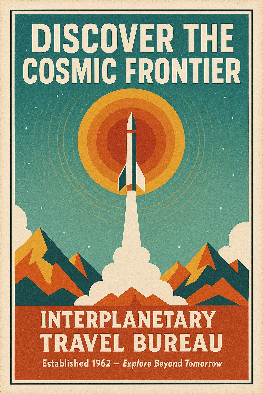 Retro Poster template of rocket launch in 60s style