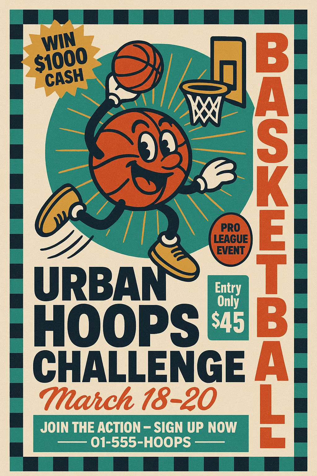 Retro Poster template with cartoon basketball tournament theme