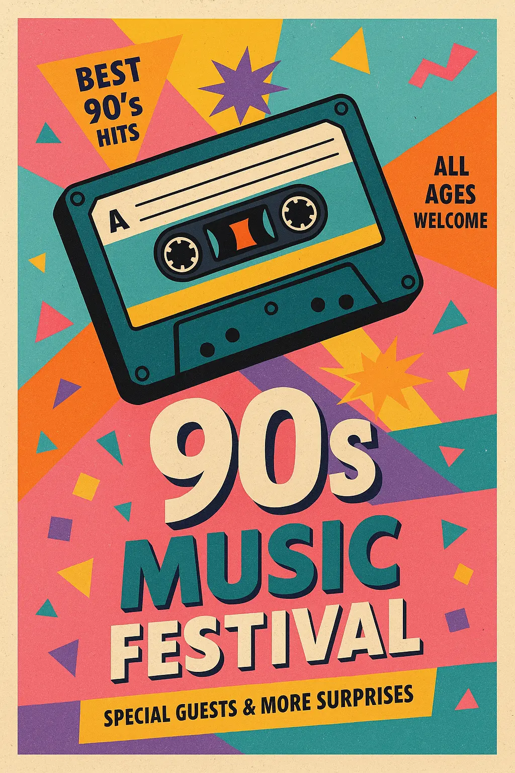 Retro Poster template for 90s music festival with cassette tape and vibrant colors