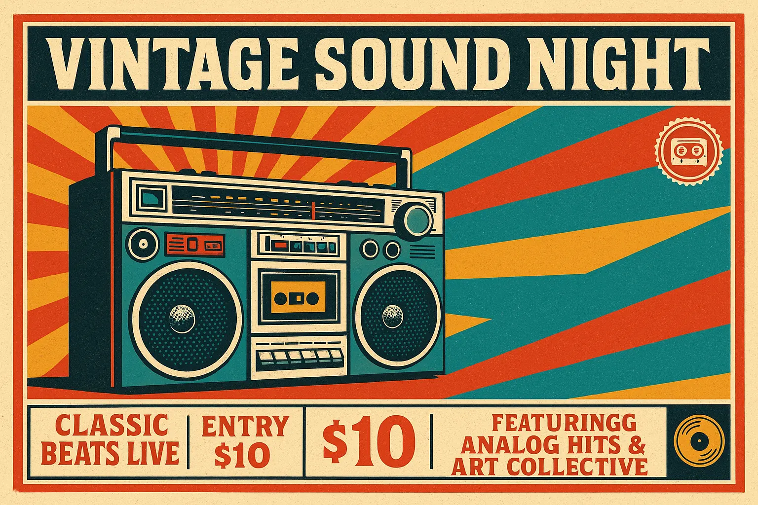 Retro Poster template with vinyl record and sunburst design