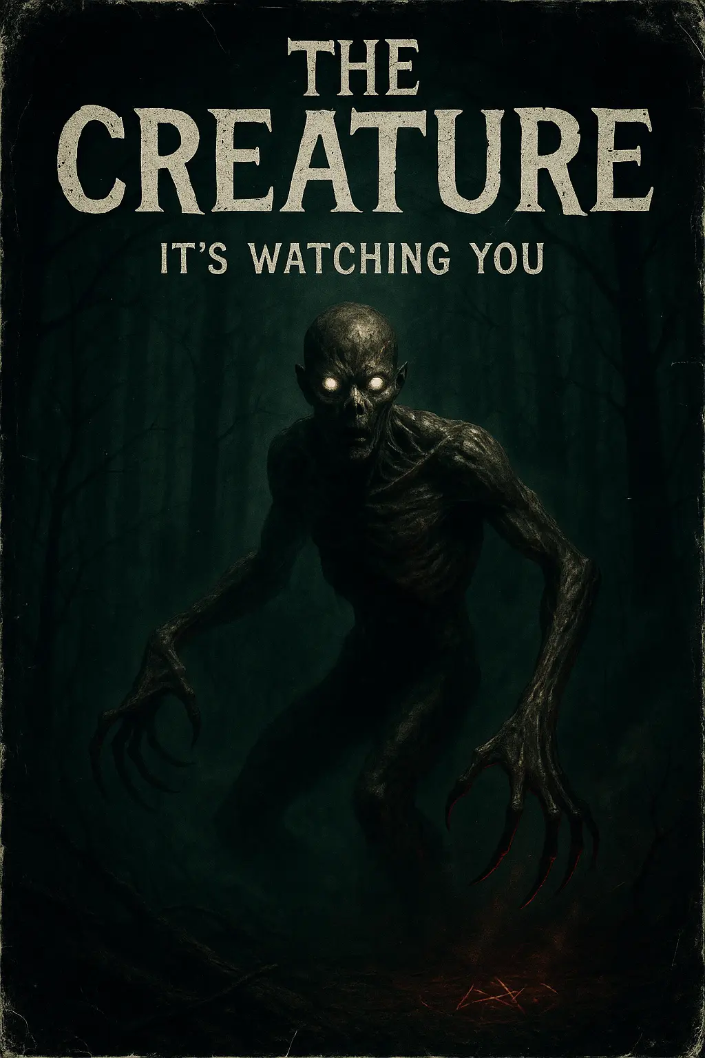 Scary Poster template with eerie creature in foggy forest