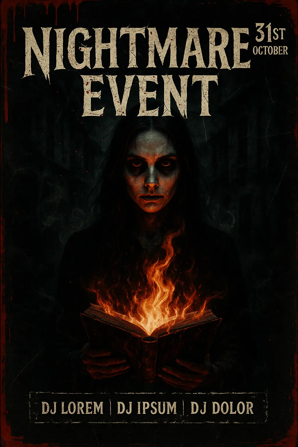 Scary Poster template featuring a haunting woman with dark makeup and a burning book.