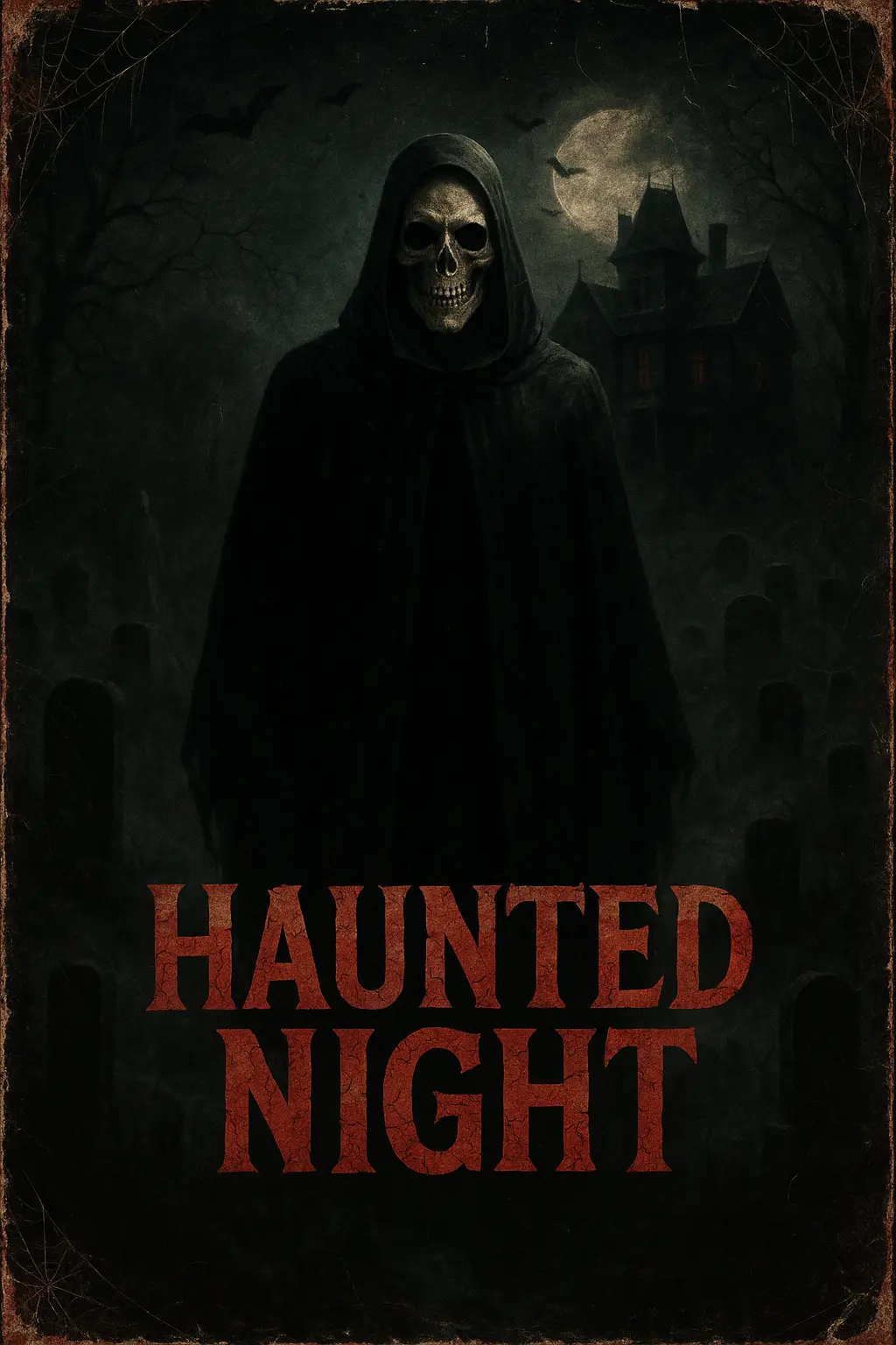 Scary Poster template featuring skeletal figure in graveyard