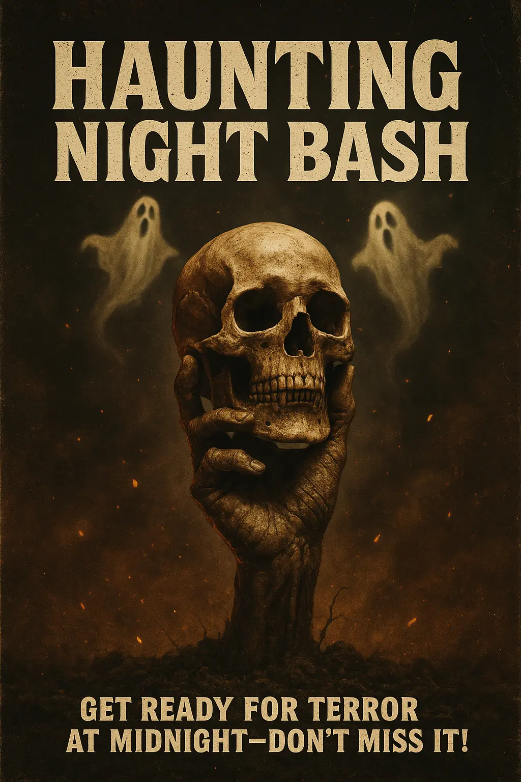 Scary Poster template with a hand holding a skull, ghostly figures above.