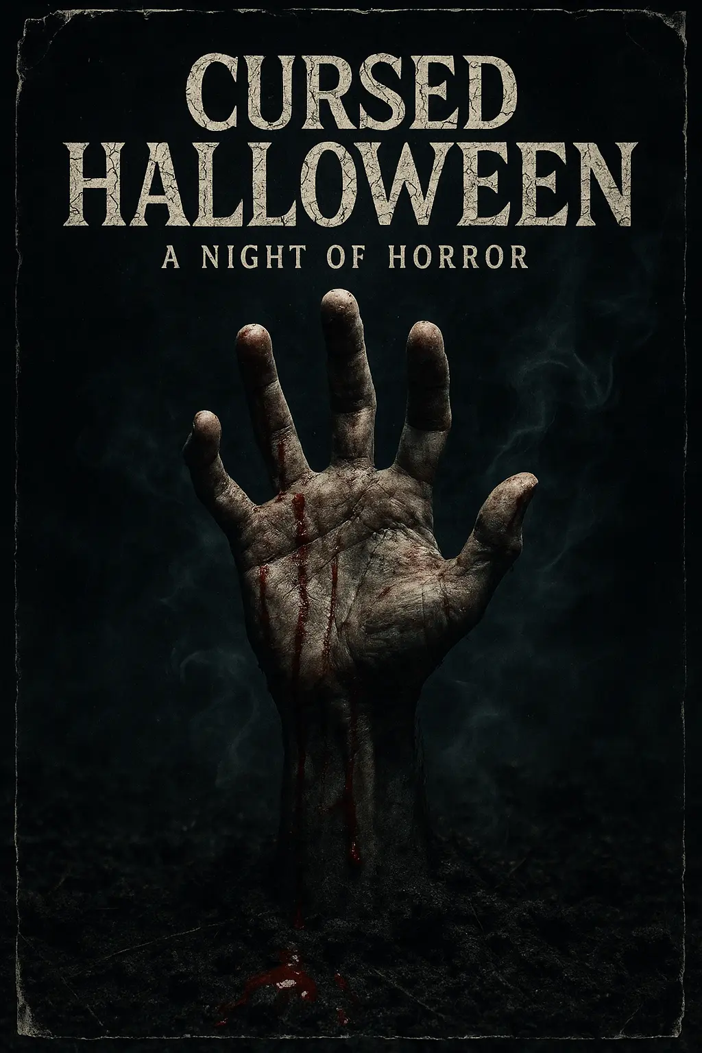 Scary Poster template featuring a bloodied hand rising from the earth with eerie smoke.