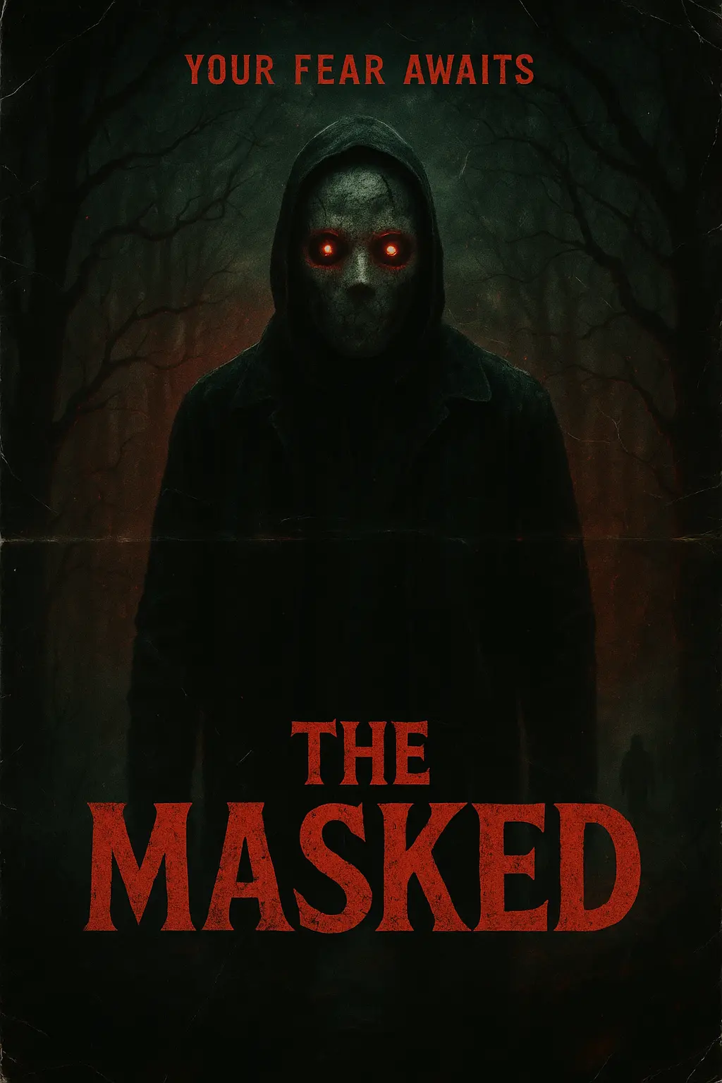 Scary Poster template with eerie masked figure in foggy forest