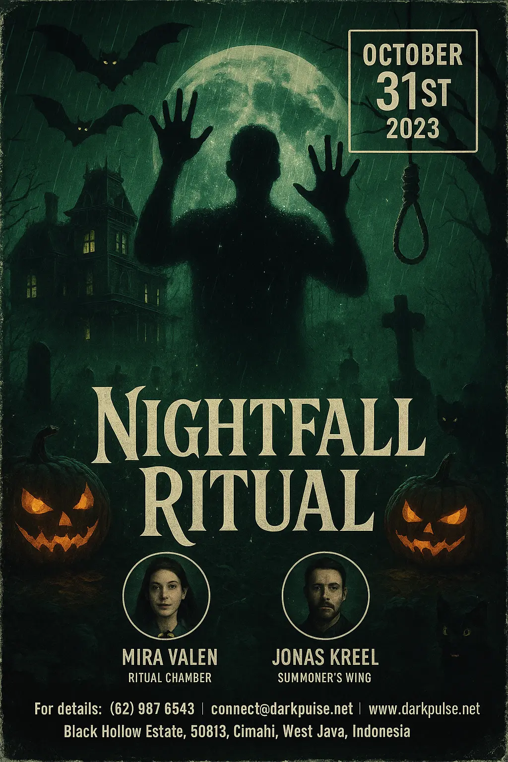 Scary Poster template with haunted mansion, bats, and noose