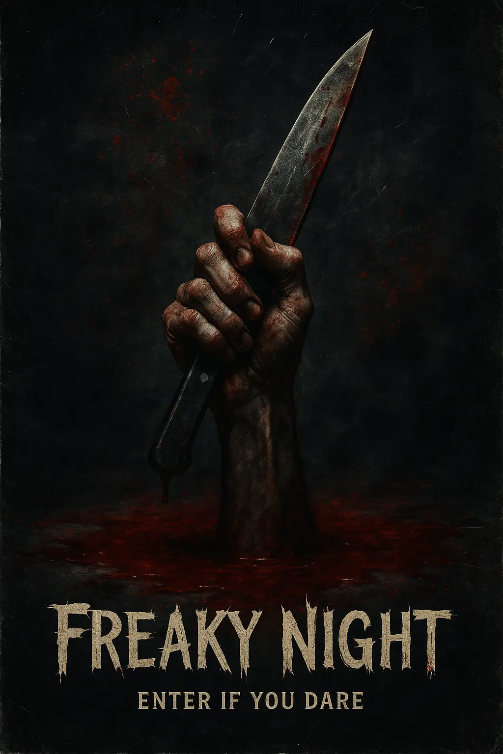 Scary Poster template featuring a blood-splattered hand holding a knife
